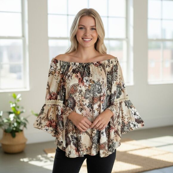 Naif Womens Large Beige Floral Blouse Top Boho Wide Arm Paisley Floral Print - Picture 1 of 13